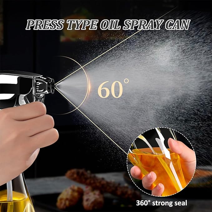 Oil Sprayer, Oil Sprayer for Cooking 240ml Sealed with High-Pressure Nozzle Adjustable Push-Type Spray Bottle with Non-slip Base & Handle for Oils, Vinegars, Cooking