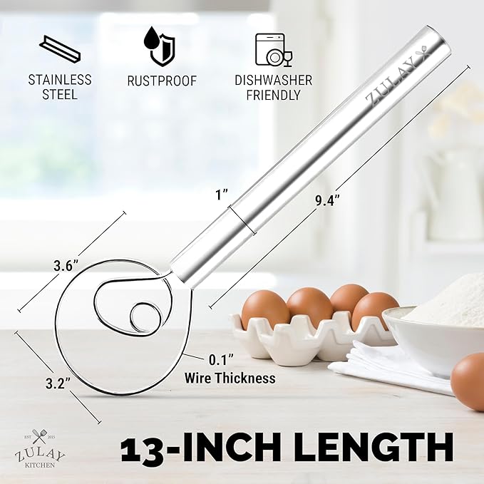 Zulay Kitchen 13-Inch Danish Dough Whisk - Stainless Steel Danish Whisk for Cooking with Dough Hook - Traditional Dutch Whisk - Bread Whisk for Sourdough, Pizza, Pastry, Cake Batter - Stainless Steel