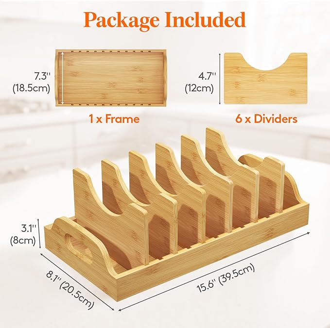 Lifewit Bamboo Pot Lid Organizers for Inside Cabinet, Pan Lid Holder with 6 adjustable Inserts & 7 Sections, Kitchen Pantry organizer and storage, Extra Large, 15.6" X 8.1"/40 x 21cm