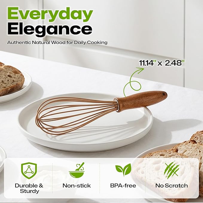 AIUHI Silicone Whisk with Wood Handle, 11.2" Balloon Egg Beater, Lightweight Kitchen Whisk for Blending Batter, Cream & Sauces