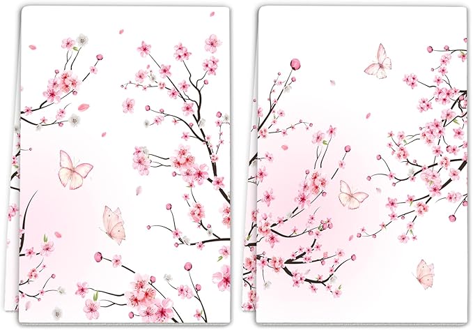 Cherry Blossom Pink Butterfly Kitchen Towel 2 Pcs Decorative Hand Towel Absorbent Dishcloth 16”X 24”