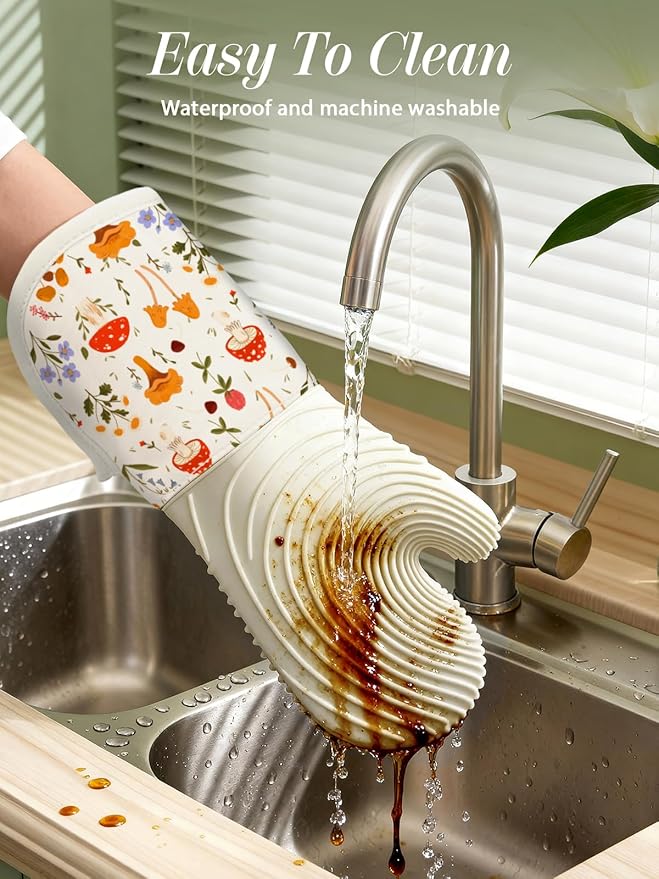 Slohif Long Silicone Oven Mitts Heat Resistant for Women - 2 Pcs Mushroom 100% Cotton Oven Gloves, Non-Slip and Waterproof Silicone Oven Mitts with Hanger for Baking and Cooking
