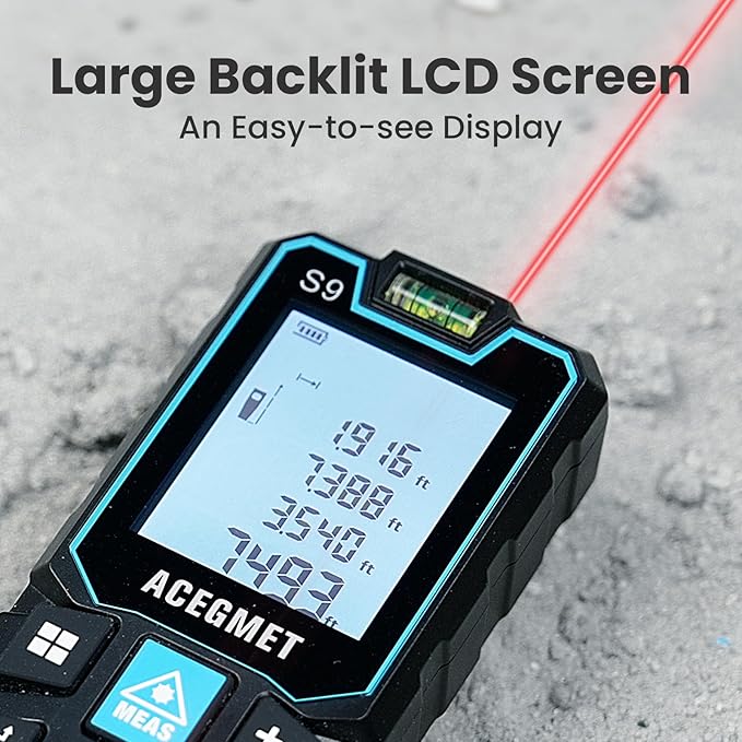 ACEGMET Laser Measure, 393ft/120m Laser Measurement Tool, Laser Measuring Tool with 2 Bubble Levels, LCD Backlit Display, IP54 Waterproof, Pythagorean Mode for Distance, Area, Volume