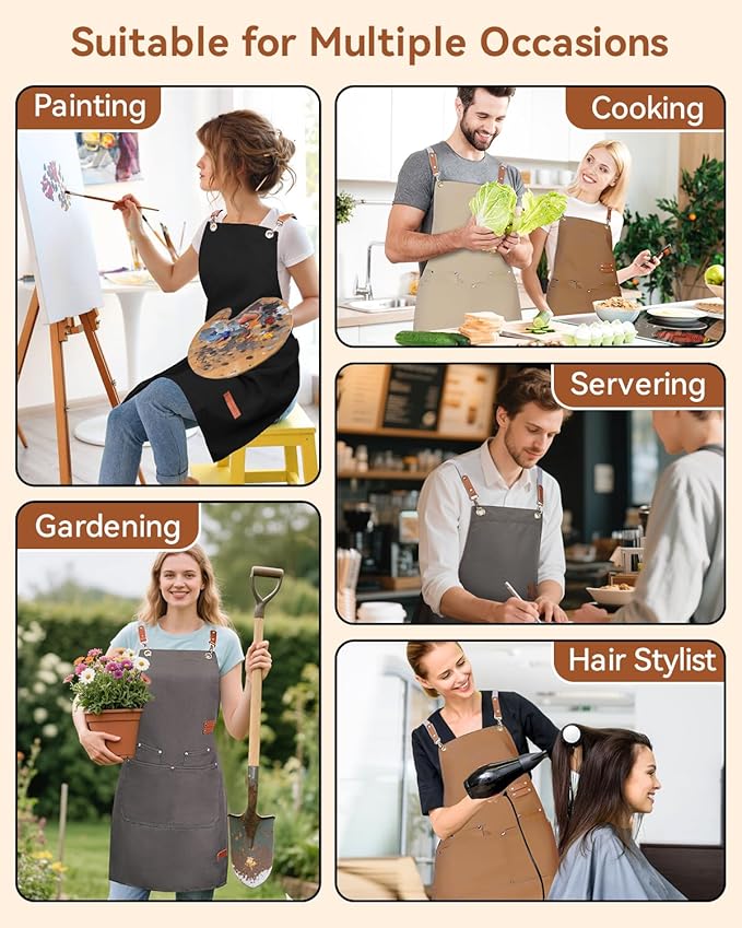 Teskyer Kitchen Cooking Apron with Pockets, Water Oil Resistant, Canvas Cross Back Aprons for Men Women Chef Server