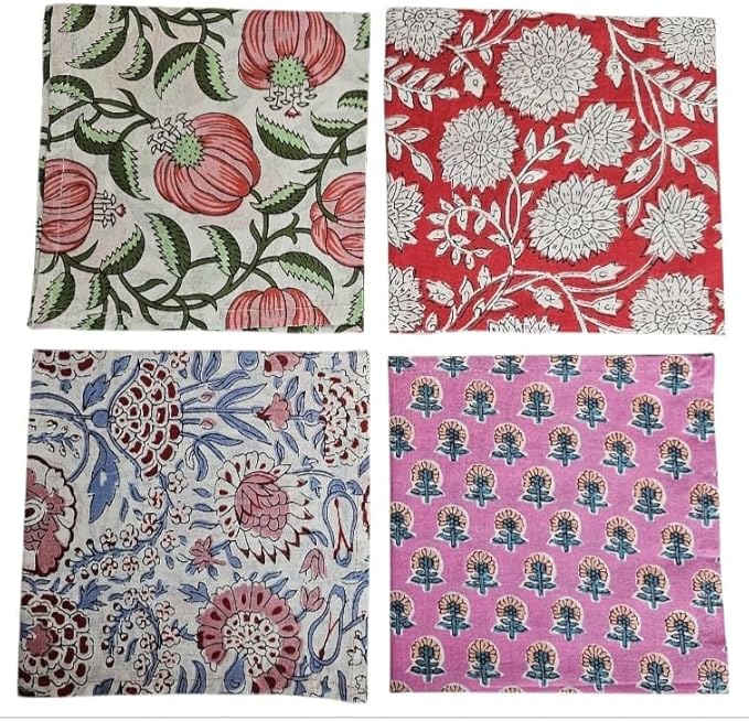 INDIANHANDICRAFTS 10 Pc Mix Lot Hand Block Print Napkin, 100% Cotton, 16x16 Inch, Multicolor Floral, Square, Napkin