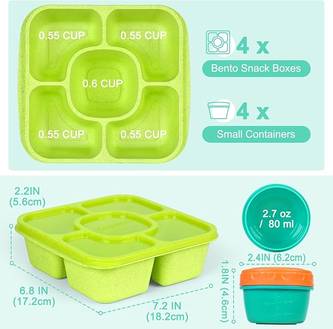 Caperci Original Lunchable Snack Containers for Kids & Adults - 5 Compartments Bento Snack Boxes with 4 Leakproof Small Containers, Wheat Straw, BPA-Free, Set of 4