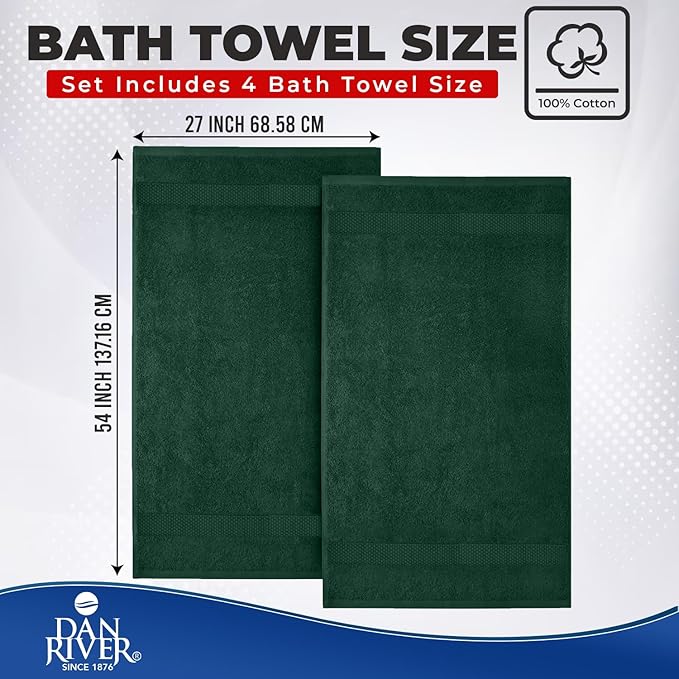DAN RIVER Bath Towels Set of 4, 27 x 54 Inches, 100% Cotton, Larger & Lighter Weight, Quicker to Dry, Super Soft and Absorbent, Ideal Hotel Towels for Daily Use, Huntergreen