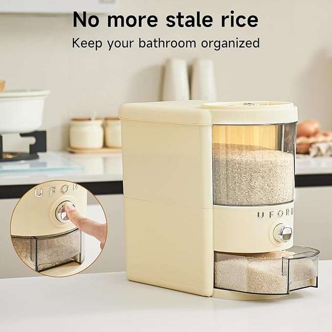 Rice Dispenser 10 lbs | Large Rice Storage Container for Kitchen&Pantry - Space-saving, Moisture & Pest-proof, BPA-Free - Dry Food Dispenser with One-Touch Dispenser & Measuring Cup for Families
