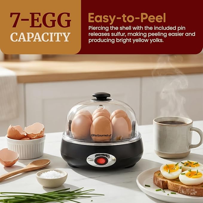 Elite Gourmet EGC007CHC# Rapid Egg Cooker, 7 Easy-To-Peel, Hard, Medium, Soft Boiled Eggs, Poacher, Omelet Maker, Auto Shut-Off, Alarm, 16-Recipe Booklet, Charcoal Grey