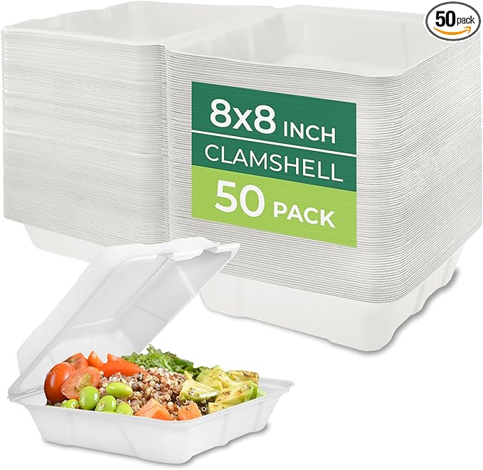 Freshware Compostable Clamshell Food Containers - 8x8" 50-Pack, Biodegradable Sugarcane To Go Boxes, Heavy Duty Paper Container - Microwave & Freezer Safe, Stackable