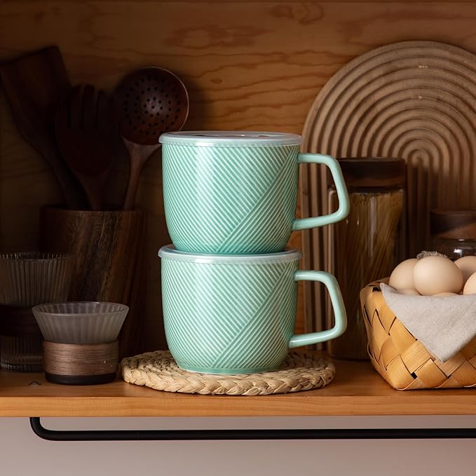 Ceramic Soup Bowl with Lid & Handle: 32 oz Microwave Safe Food Container for Ramen Noodles Cereal Leftovers - Extra Large Mugs for Breakfast Lunch Picnic Camping - Mint Green, Set of 2