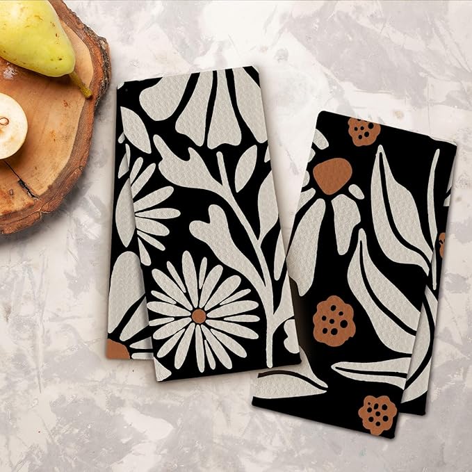 Abstract Boho Beige and Black Floral Kitchen Towels, Groovy 70s Retro Botanical Dish Towels Drying Cloth for Kitchen, Mid Century Modern Flower Hand Towels for Bathroom, 16x24 Inch Set of 2