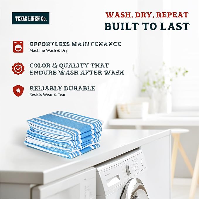 TEXAS LINEN CO. American Stripe Kitchen Towels 100% Cotton Pack of 6, Highly Absorbent Quick Drying, Soft Dish Towels 20x30 Inch for Kitchen w Hanging Loop, Hand & Tea Towel - Turquoise Blue & White