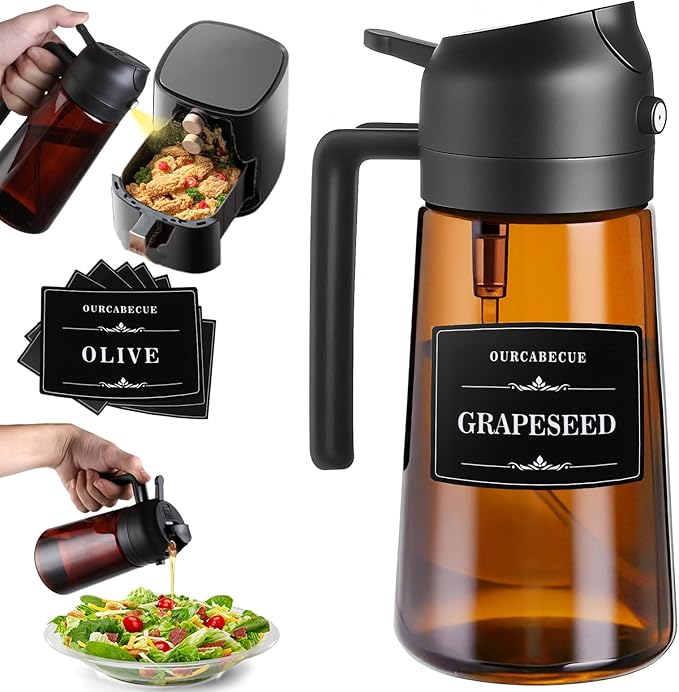OURCABECUE 2 in 1 Olive Oil Sprayer for Cooking, 16oz/470ml Light-Blocking Dark Olive Oil Dispenser Bottle for Kitchen, Food-Grade Glass Oil Mister with 8 Oil Stickers