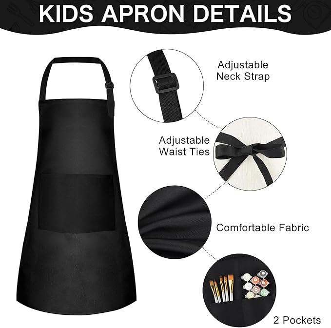 PLULON 18 Pcs Kids Aprons with 2 Pockets Painting Aprons for Kids Aprons Bulk, Paint Apron Adjustable Children Chef Aprons for Girls Boys Painting Baking Cooking Crafting - Black