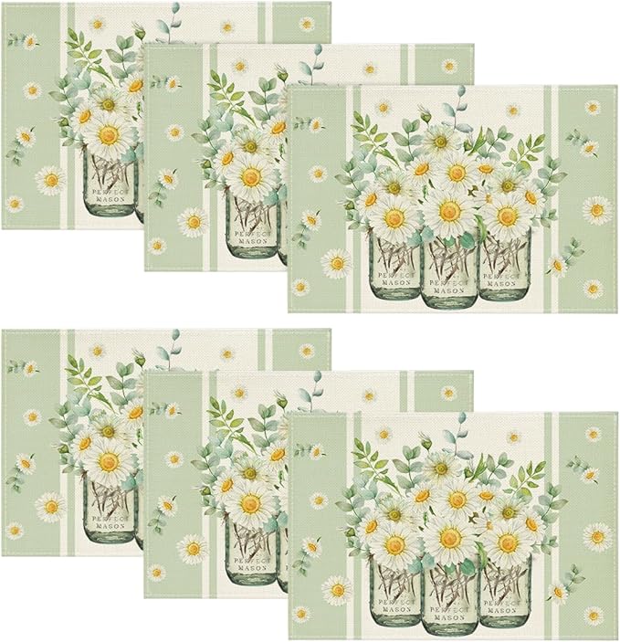 Artoid Mode Eucalyptus Leaves Daisy Vase Spring Placemats Set of 6, 12x18 Inch Seasonal Summer Table Mats for Party Kitchen Dining Decoration