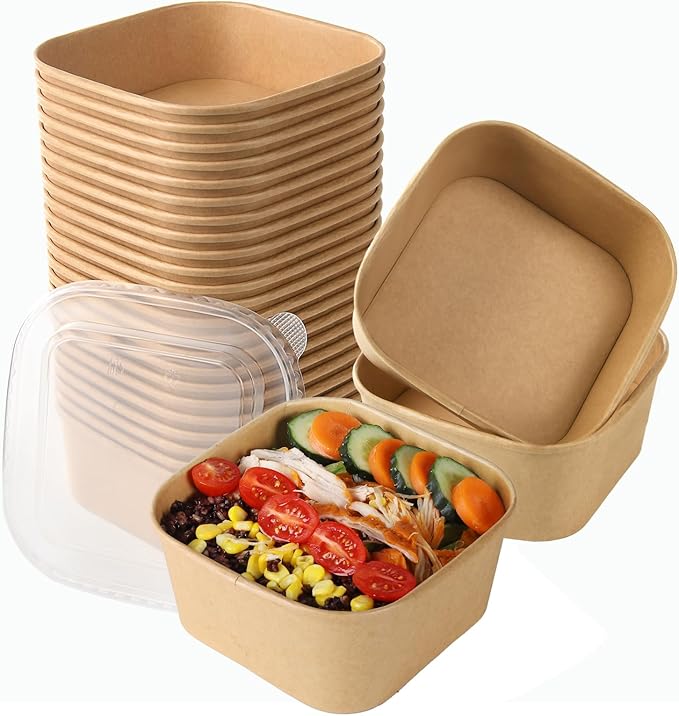 50 Sets 47oz Disposable Kraft Paper Bowls with Lids, Large Paper Food Containers with Lids, Salad Bowls for Hot/Cold Food, Fruit, Meal Prep, Takeout, Party Supplies(Square, 1400ml)