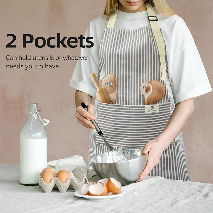 NLUS 2 Pack Kitchen Cooking Aprons, Adjustable Bib Waterproof Chef Apron with 2 Pockets for Men Women(Grey Stripe/Black Plaid)