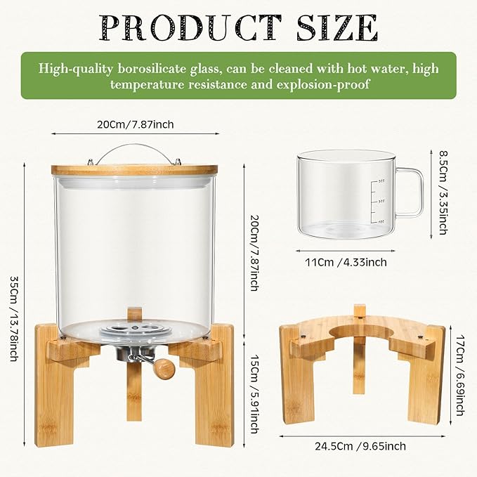 Zhehao 2 Pcs 5L Glass Rice Dispenser Rice Storage Container Flour Cereal Dispenser Container Holder with Wooden Stand Airtight Bamboo Lid and Measuring Cup for Pantry Sugar Coffee Beans Kitchen Food