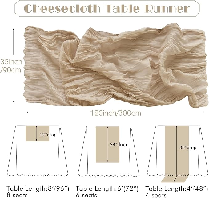 IVAPUPU 2 Pcs Cheesecloth Table Runner - 10ft Nude Spring Boho Gauze Cheese Cloth Table Runners for Baby Shower Decorations Wedding Party Garden Farmhouse