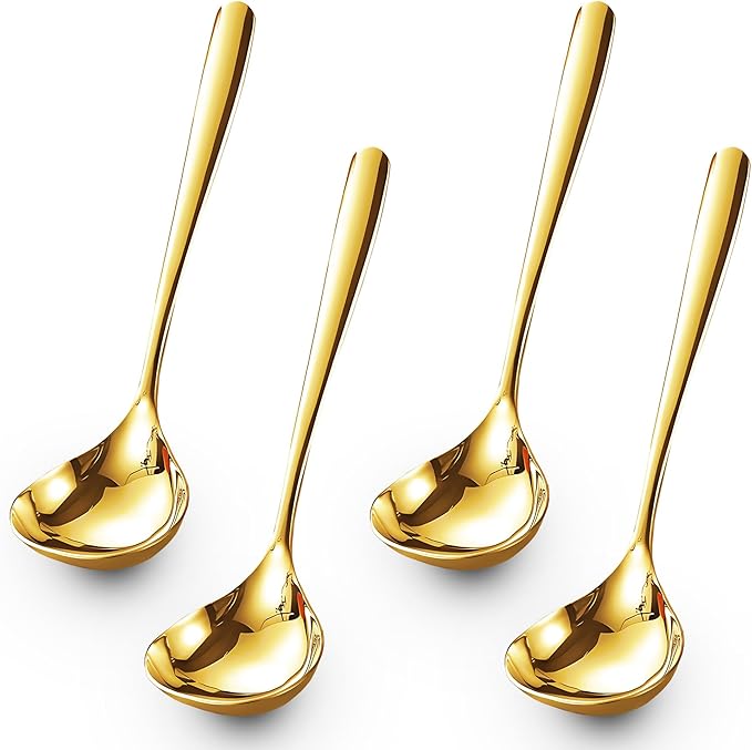 Comicfs 4 Pack Small Soup Ladles, Sauce ladles, SUS 304 Stainless Steel Small Serving Ladle, Gravy Soup Spoon Ladles 8-Inch (Gold)