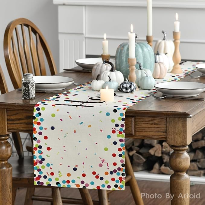 Artoid Mode Polka Dot Beige Happy Birthday Table Runner, Seasonal Kitchen Dining Table Decoration for Home Party Decor 13x36 Inch