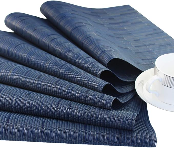 PIGCHCY Placemats,Washable Durable Durable Woven Vinyl Placemats for Dining Table,Heat Resistant Plastic Placemats Set of 6 (18 x 12 inches,Midnight Blue)