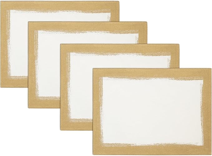 Villeroy & Boch Metallic Brushstroke Modern Linen Blend Placemat Set, 14 Inches x 20 Inches, Set of 4, Ivory and Gold