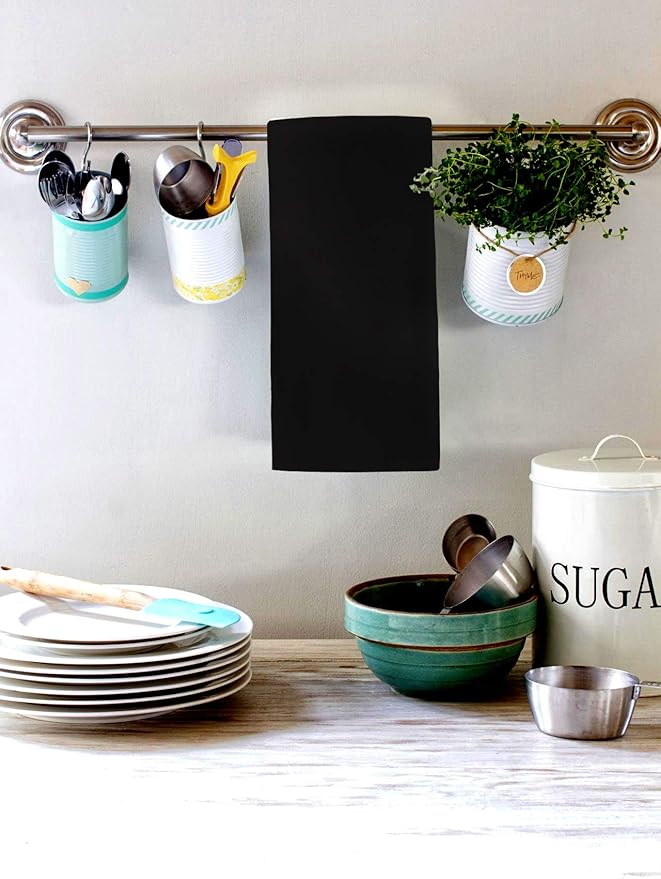 Urban Villa Kitchen Towels 100% Cotton Dish Towels for Kitchen(Set of 6) 20”x30” Dish Cloths Highly Absorbent Kitchen Linen Set with Hanging Loop Perfect for Drying Dishes Cleaning Hand Towels – Black