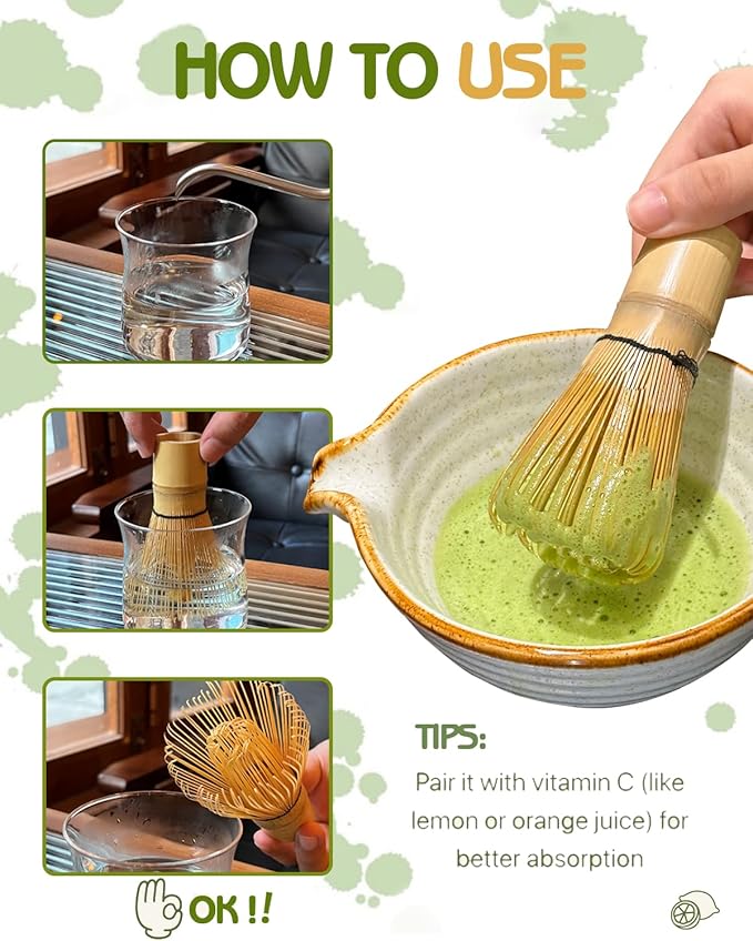 Taruzil Matcha Whisk, Matcha Bamboo Whisk, Matcha Whisks Set for Matcha Powder Handcrafted Organic Traditional Japanese Chasen, 100-Prong Matchas Stirrer Wisk Mixer Brush for Authentic Tea Preparation