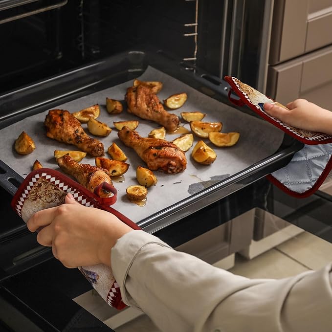 Bencailor 12 Pcs Pot Holders with Pocket Kitchen Hot Potholders Hot Pad Oven Mitts Cookie Bag Oven Gloves for Kitchen Gift Baking Cooking(Brown and Red,Rooster)