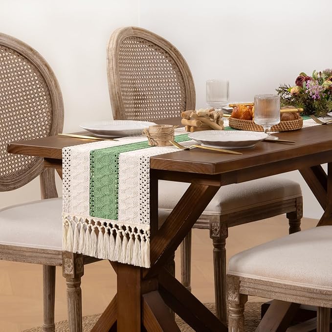 DeZerlor Boho Macrame Table Runner Spring Easter Farmhouse Woven Table Runner with Tassels 60 Inches Ivory& Sage Green Cotton Linen Kitchen Table Decor for Dining Dresser Home Tea Table Decor