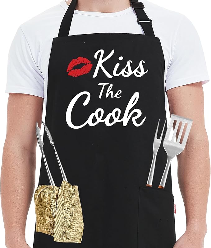 Kaidouma Funny Aprons for Women Men - Kiss the Cook Apron - Funny Chef Cooking BBQ Grill Aprons with 2 Pockets - Birthday Mothers Day Gifts for Mom, Wife - Fathers Day Christmas Gifts for Dad, Husband