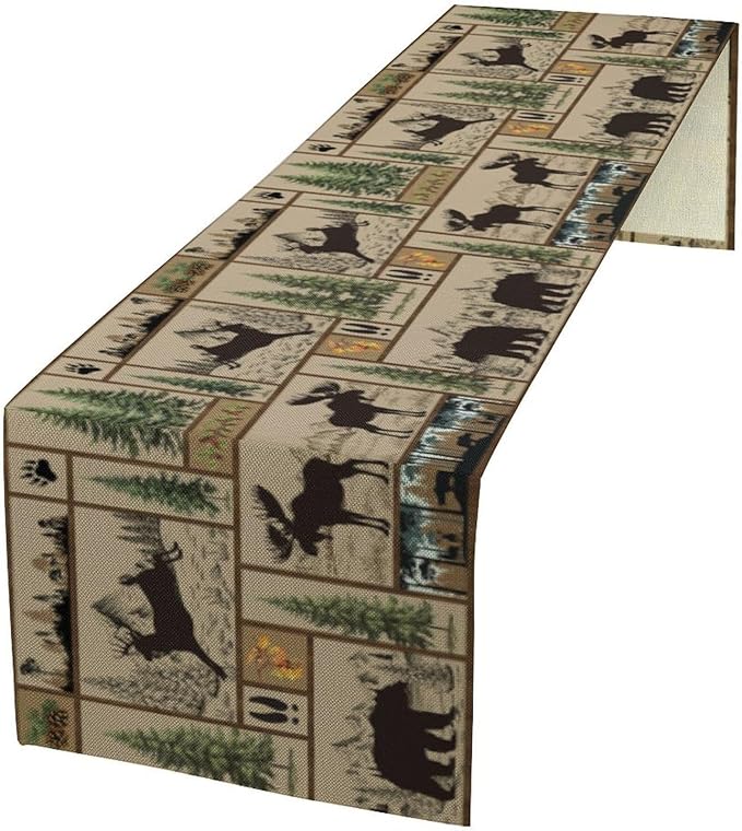 Rustic Cabin Table Runner Forest Bear Deer Wildlife Country Hunting Camping Art Printed Dinner Runner for Home Kitchen Dining Table Decor Fabric 1 Panel W13xL60in