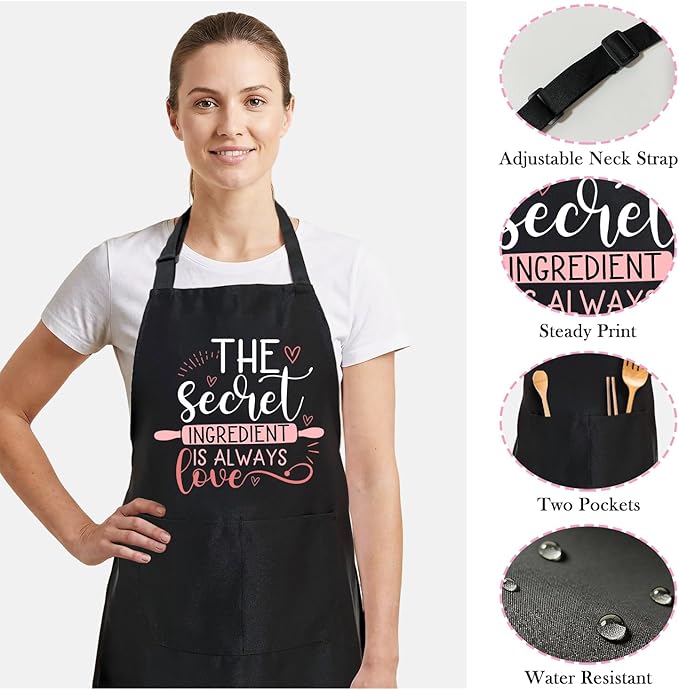 Black Baking Aprons for Women, Adjustable Cooking Baking Kitchen Aprons for Mom Chef with Pockets