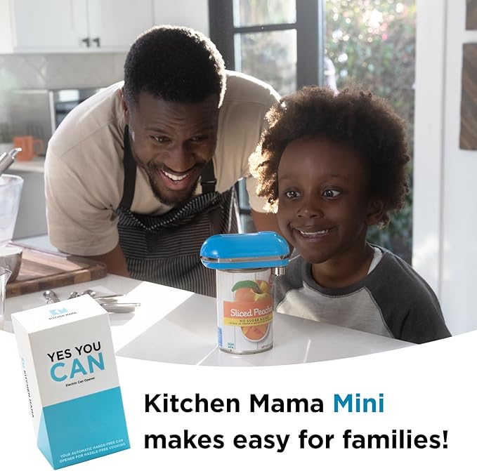 Kitchen Mama Mini Electric Can Opener Smooth Edge: Opens Can with One Press - Ultra-Compact, Portable, Hands-Free, Safe, Cordless, Seniors with Arthritis, Automatic, Battery Operated Appliance (Blue)