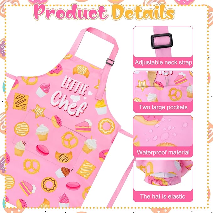 Kids Apron and Chef Hat Set, Funny Apron with 2 Pockets, Adjustable Kids Aprons for Cooking for Boys and Girls