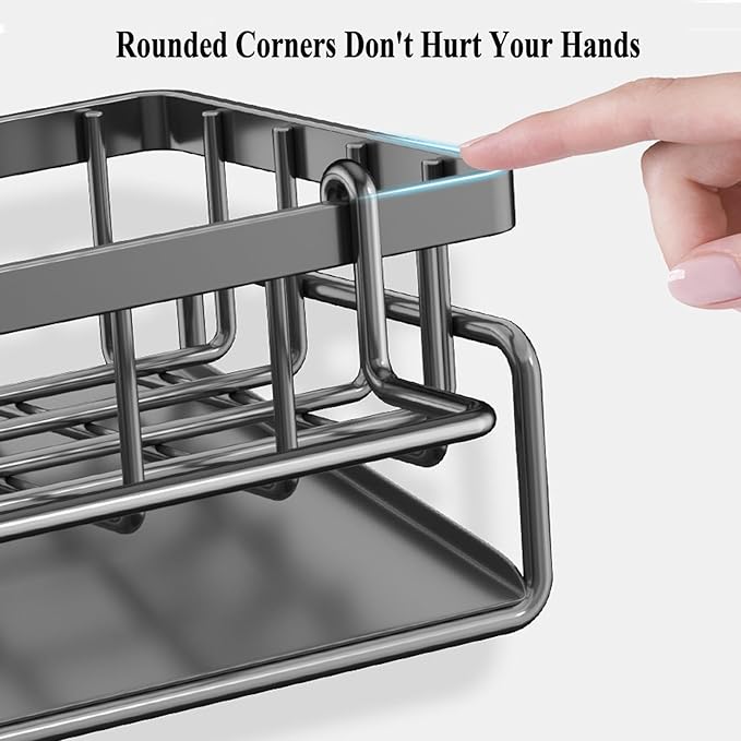 Sponge Holder for Kitchen Sink with Rag Holder, Kitchen Countertop Organizers and Storage Essentials, Rustproof Carbon Steel, Soap Dispenser Organize (Black)