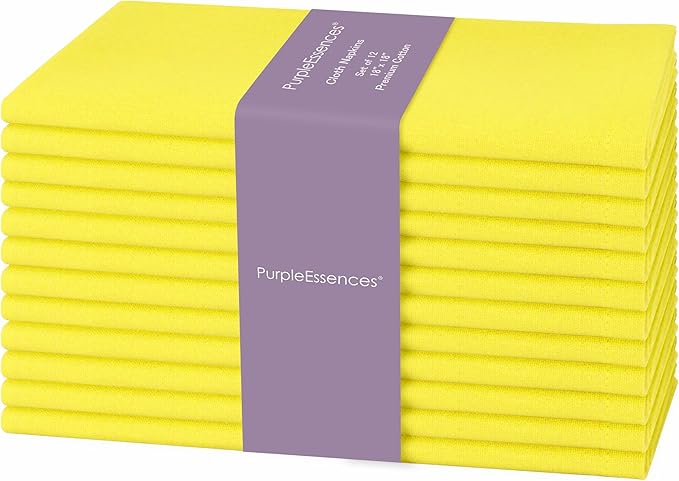 PurpleEssences Set of 12 Cloth Dinner Napkins 100% Cotton 18x18 Inch - Soft Durable Washable - Ideal for Farmhouse Party Spring Easter Summer - Perfect Everyday Use Table Linen - Yellow