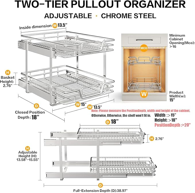2-Tier Kitchen Cabinet Pull Out Shelf and Drawer Organizer Slide Out Pantry Storaqe Basket in Multiple Sizes (15" W x18 D)