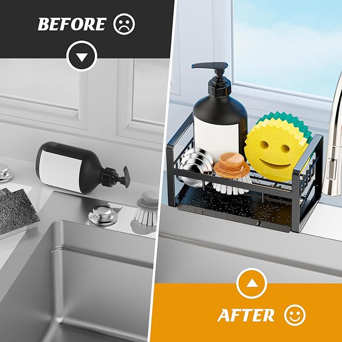 Kontoyo Sponge Holder for Kitchen Sink,Stainless Steel Kitchen Sink Organizer with Auto Draining Tray,Kitchen Countertop Soap Dispenser Organizer,Black