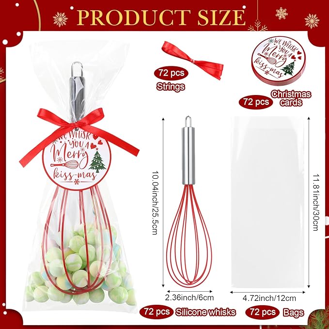 FoldTier 72 Sets 10 Inch Christmas Whisks Gifts DIY Fillable Christmas Tree Ornaments Xmas Colored Silicone Whisks for Cooking Heat Resistant Egg Beaters with Card Rope Bag for Candy Holder