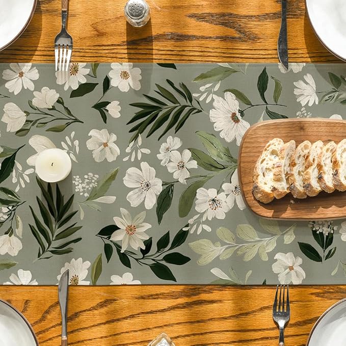Artoid Mode Olive Green Daisy Flowers 210 GSM Spring Table Runner, Seasonal Summer Kitchen Dining Table Decoration for Home Party Decor 13x120 Inch