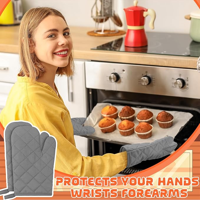 6 Pairs Heat Resistant Oven Mitts Kitchen Oven Gloves 11 Inch Long Quilted Cotton Polyester Kitchen Gloves for Cooking, Baking, Grilling BBQ (Grey)