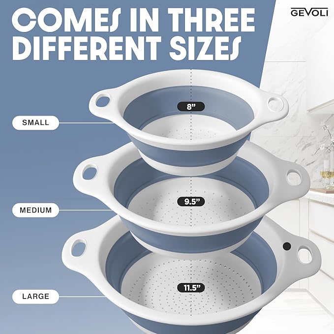 Gevoli Collapsible Colanders (3 Pack Set) Food Strainers with Over-Sink Water Draining Base for Pasta Fruits and Vegetables, White/Blue (3 Sizes, 3QT, 4QT and 5 Quart)