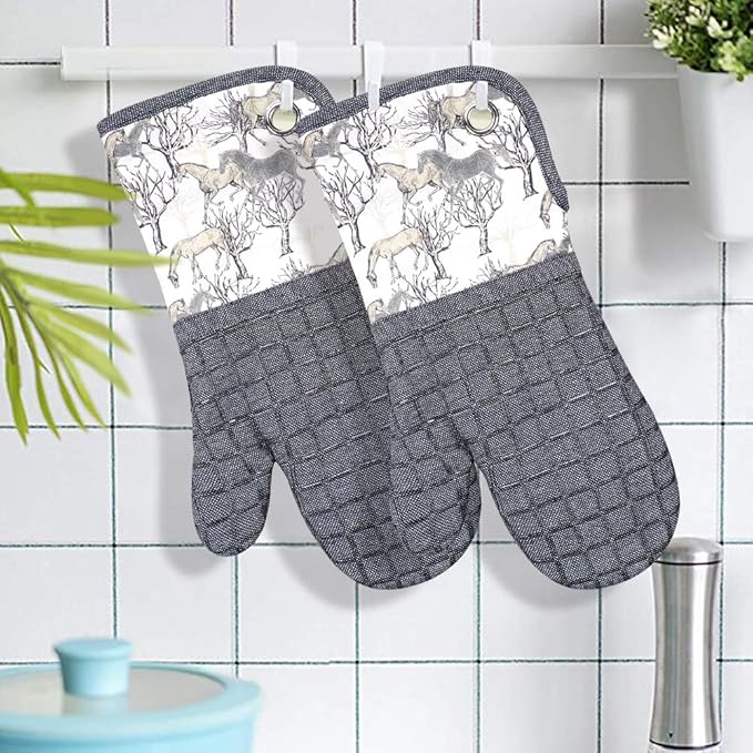 Silicone Printing Oven Mitts Heat Resistant to 500 Degree,Yarm-Dyed Oven Gloves with Animal Design Non-Slip for Kitchen Cooking Barbecue Baking and Machine Washable. (Gray Oven Mitts)