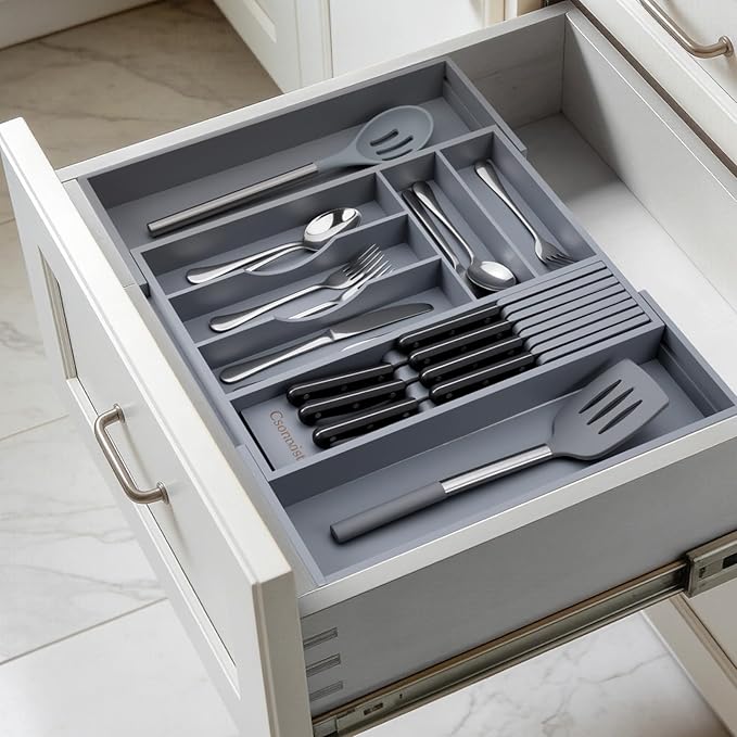 9-Piece Bamboo Kitchen Drawer Organizer Set, Expandable Silverware &Utensil Organizer with Removable Knife Block & Steak Knives, Flatware Organization, Tableware Dividers Storage(Gray)