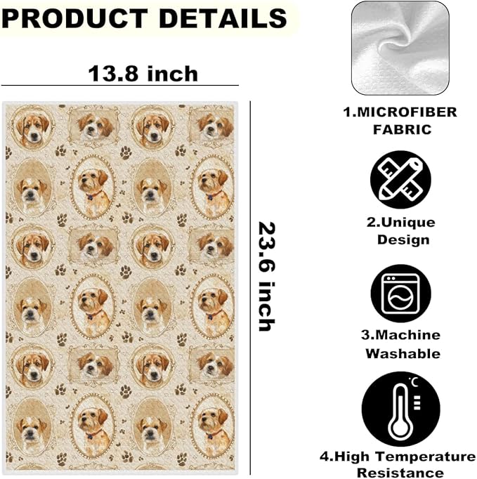 3 Pcs Cute Dog Portrait Kitchen Towels, Vintage Decorative Absorbent Microfiber Dish Cloth Tea Towel, Waffle Soft Hand Towels for Farmhouse Home Bathroom, Dog Lover Gifts