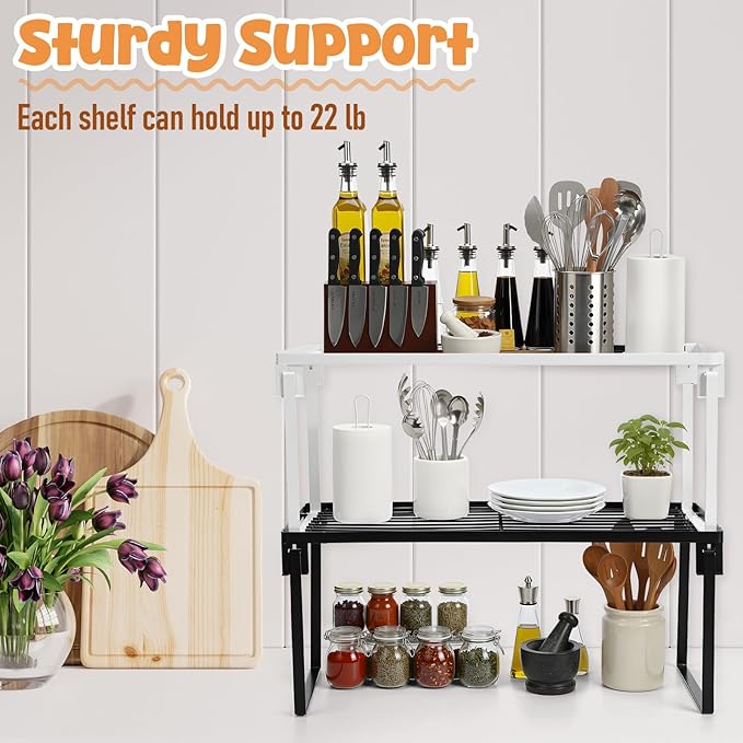 4 Pack Black and White Stackable Metal Kitchen Storage Shelf Foldable Racks, Pantry Shelf Cabinet Organizers, Expandable Storage Rack for Cabinet Fridge Bathroom (Metal)