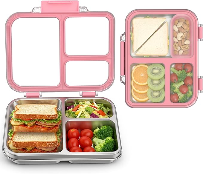 Stainless Steel Bento Box for Kids, 3-Compartment Metal Lunch Box with Clear Lid & Removable Silicone, Lunch Box Kids with Silicone Inner Container for Meal Prep, School, Office (Pink)